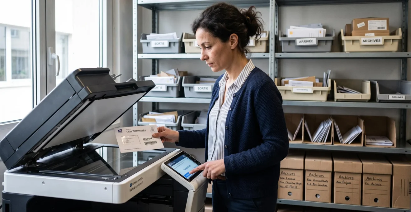 Une gestionnaire de bureau dans une salle de courrier d'entreprise scanne une lettre recommandée électronique près d'une imprimante multifonction.