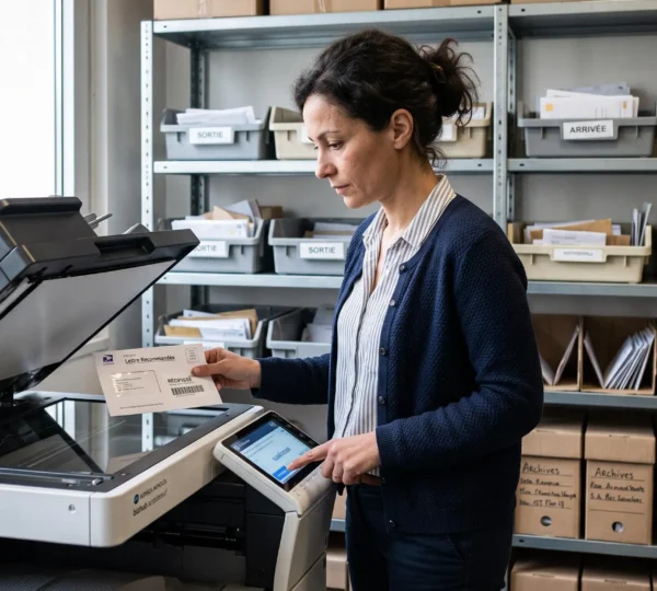 Une gestionnaire de bureau dans une salle de courrier d'entreprise scanne une lettre recommandée électronique près d'une imprimante multifonction.