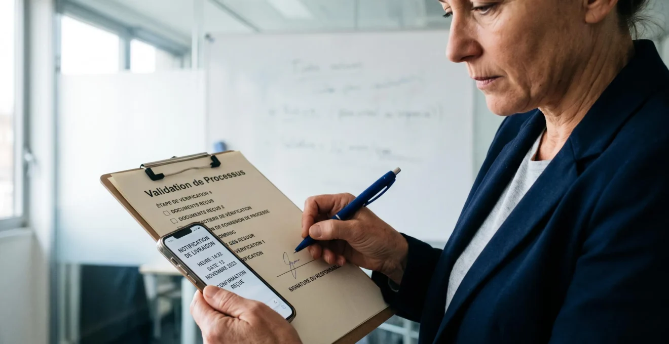 Une responsable conformité compare une notification de preuve de dépôt sur un smartphone avec une liste de validation papier.