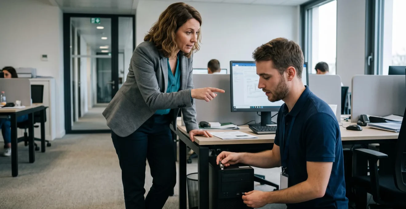 Un technicien informatique installe une clé de signature électronique sur un ordinateur de bureau auprès d'une responsable de service.