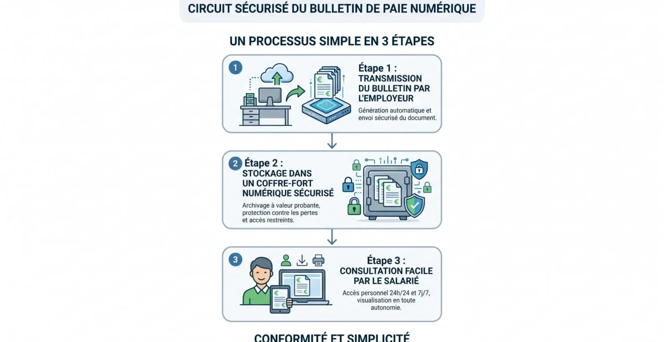 Schéma du parcours d'un bulletin de paie vers un coffre-fort numérique et l'accès salarié