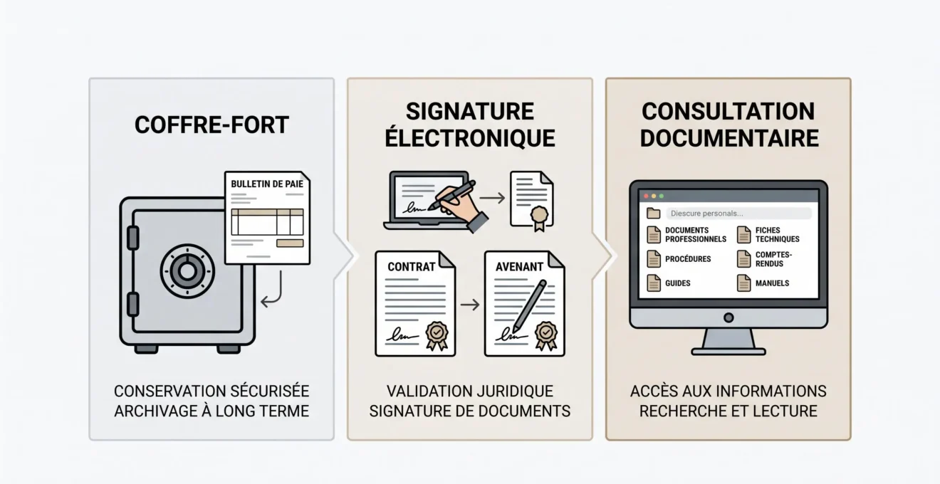 Comparaison visuelle entre coffre-fort, signature électronique et consultation de documents RH
